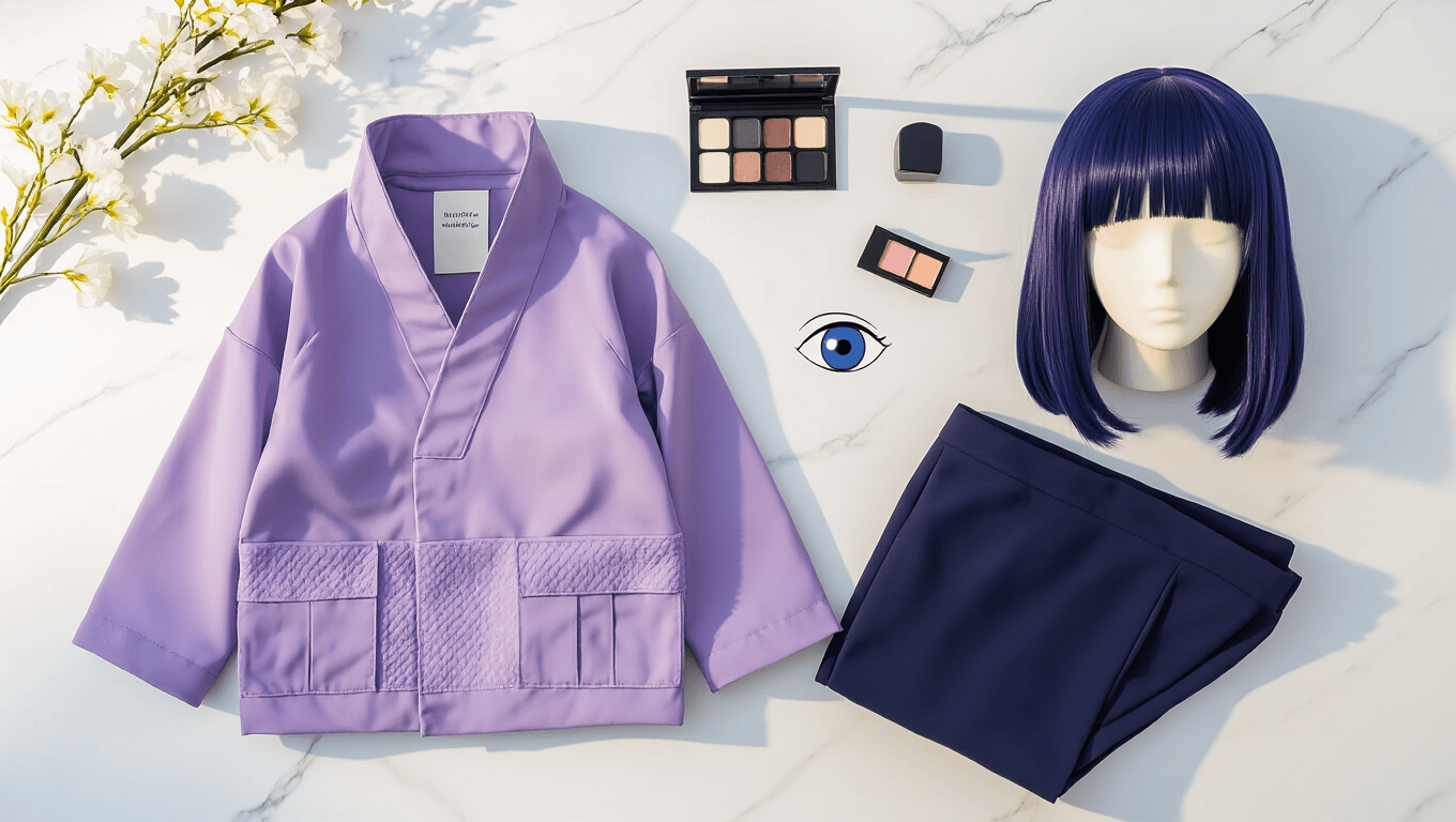Flat lay of Hinata Hyuga cosplay essentials including a lavender ninja jacket, navy cropped pants, indigo wig, white Byakugan contact lenses, minimal makeup products, and white flowers, all arranged on white marble in warm golden hour lighting.