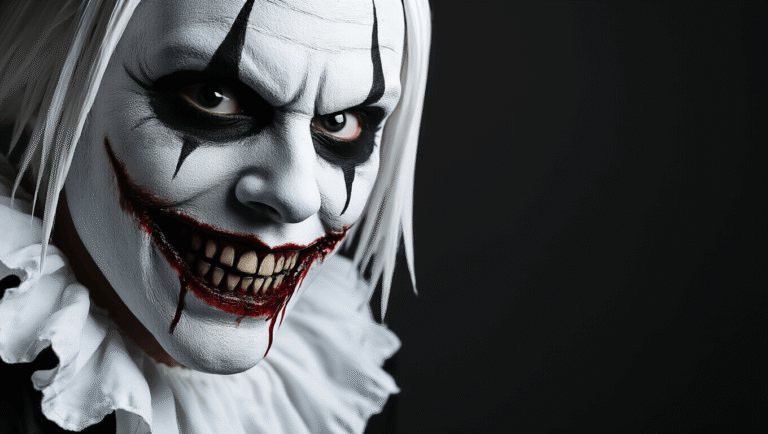 Close-up of a cosplayer transformed into Jeff the Killer, with white face paint, hollow black eyes, and a sinister red-accented smile. Dramatic lighting casts shadows against a black background, highlighting detailed makeup and blood effects.