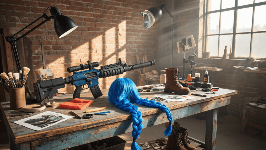 A bright cosplay workshop featuring a weathered wooden workbench with Jinx's props, including Fishbones and Pow-Pow, alongside a vibrant blue wig and crafting tools, illuminated by soft natural light through industrial windows.