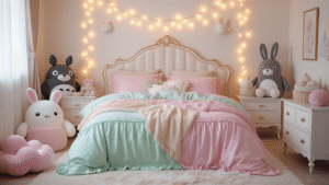 A dreamy kawaii bedroom featuring a queen-size bed with mint green and baby pink ruffled bedding, oversized plushies, fairy lights, and pastel accents, creating a cozy and whimsical atmosphere.