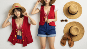 A young woman arranging a vibrant Luffy cosplay outfit on a clean white surface, showcasing a crimson red vest, navy blue shorts, weathered straw hat, and brown leather sandals, with warm golden hour lighting and detailed fabric textures.