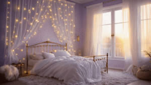 A dreamy bedroom sanctuary with a vintage brass bed, white linens, and warm LED fairy lights creating constellation patterns on lavender walls, captured at golden hour with soft lighting and rich textures.