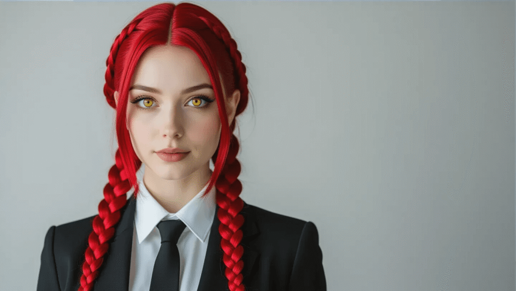 A professional studio portrait of a model with cherry-red braided hair and golden eyes, wearing a fitted black blazer, white shirt, and black tie, exuding a commanding presence against a minimalist grey backdrop.