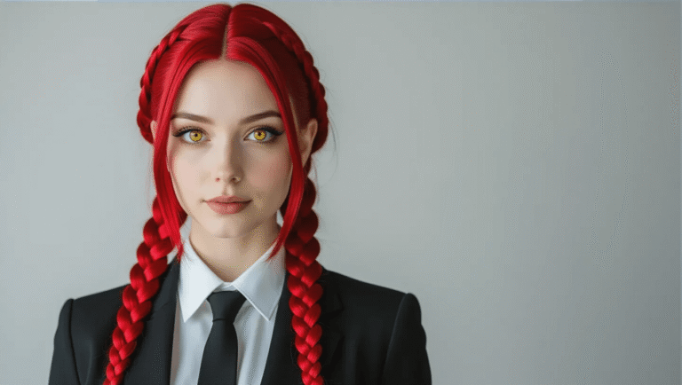 A professional studio portrait of a model with cherry-red braided hair and golden eyes, wearing a fitted black blazer, white shirt, and black tie, exuding a commanding presence against a minimalist grey backdrop.