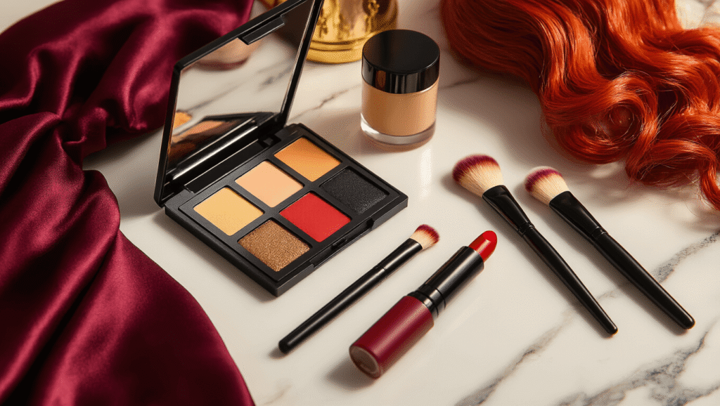Warm makeup vanity scene featuring Makima cosplay essentials, including matte foundation, concealer, neutral eyeshadow palette, black liquid eyeliner, deep red lipstick, yellow-orange colored contacts, a red wig, and professional brushes arranged on a clean marble surface, bathed in soft golden hour lighting with a burgundy silk robe draped nearby.
