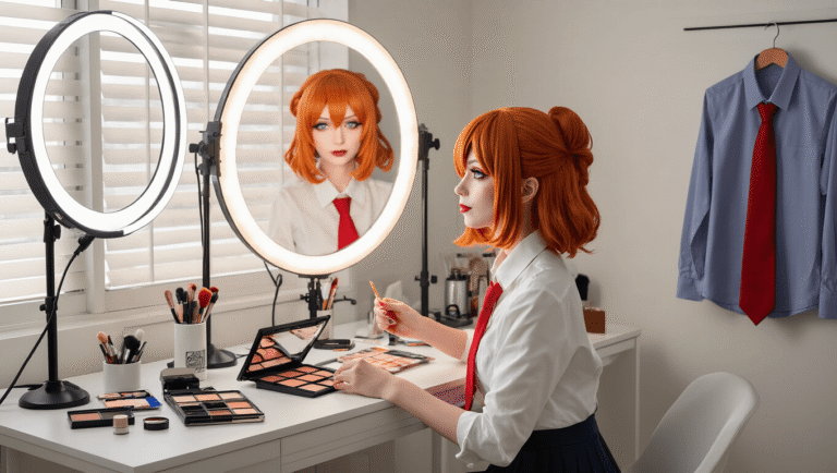 A cozy home studio with soft afternoon light, showcasing a cosplayer preparing a Makima cosplay at a white vanity, with LED ring lights illuminating an auburn wig, makeup products, and colored contacts, while costumes hang nearby in a warm, modern aesthetic.