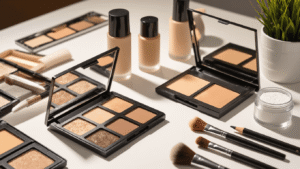 A professional makeup station with male cosplay transformation supplies, including contour palettes, foundation bottles, eyebrow pencils, and brushes, neatly arranged on a clean white surface, illuminated by warm studio lighting.