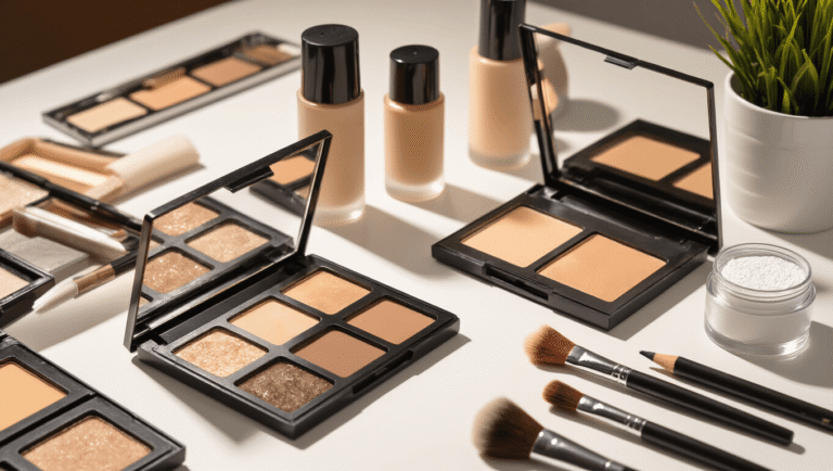 A professional makeup station with male cosplay transformation supplies, including contour palettes, foundation bottles, eyebrow pencils, and brushes, neatly arranged on a clean white surface, illuminated by warm studio lighting.