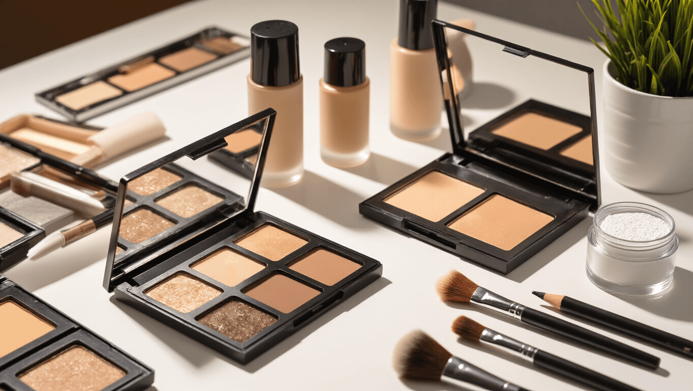 A professional makeup station with male cosplay transformation supplies, including contour palettes, foundation bottles, eyebrow pencils, and brushes, neatly arranged on a clean white surface, illuminated by warm studio lighting.