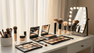 Male cosplay makeup studio with professional lighting and organized products on a white vanity, featuring foundation, contour palettes, and brushes, bathed in warm morning light.