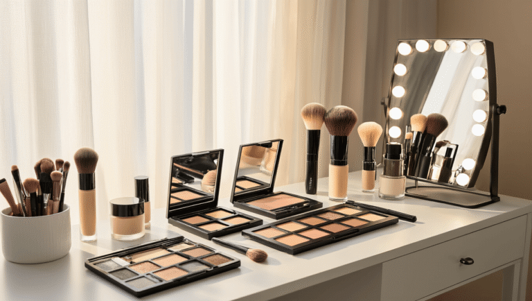 Male cosplay makeup studio with professional lighting and organized products on a white vanity, featuring foundation, contour palettes, and brushes, bathed in warm morning light.