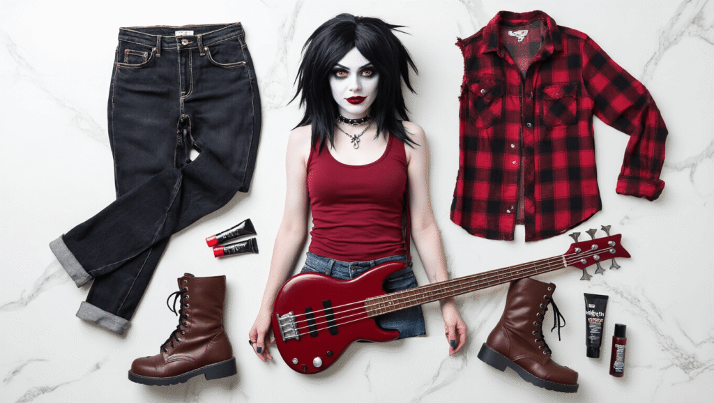 A flat-lay of Marceline cosplay essentials including denim jeans, red tank top, plaid flannel shirt, combat boots, wig, body paint, vampire fangs, latex ears, and foam axe bass guitar on a marble surface, with soft warm lighting.