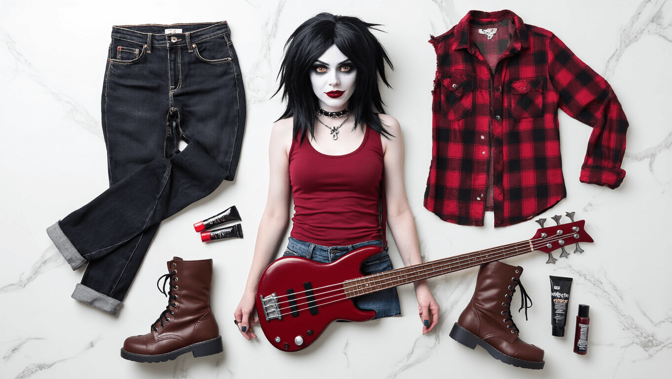 A flat-lay of Marceline cosplay essentials including denim jeans, red tank top, plaid flannel shirt, combat boots, wig, body paint, vampire fangs, latex ears, and foam axe bass guitar on a marble surface, with soft warm lighting.