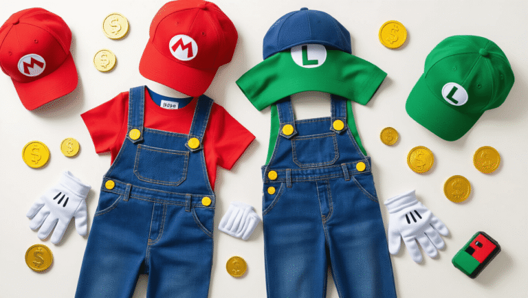 Flat lay of Mario and Luigi costume pieces featuring red and green shirts, blue overalls, matching caps with emblems, white gloves, and colorful gaming accessories on a clean white background with gentle shadows.