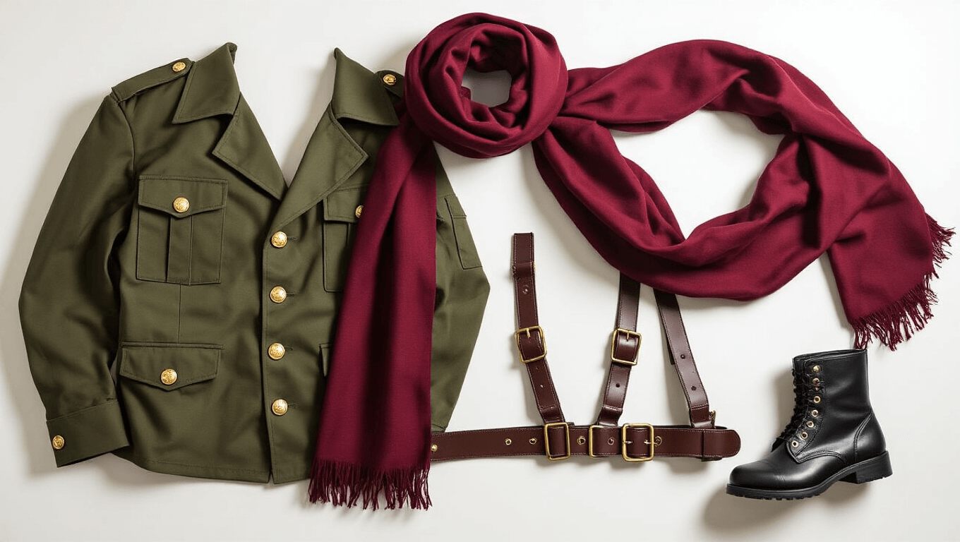 Flat lay of Mikasa Ackerman cosplay items including an olive green military jacket, burgundy red scarf, dark pants, brown leather harness, black combat boots, and ODM gear on a white background, highlighted by warm natural lighting.