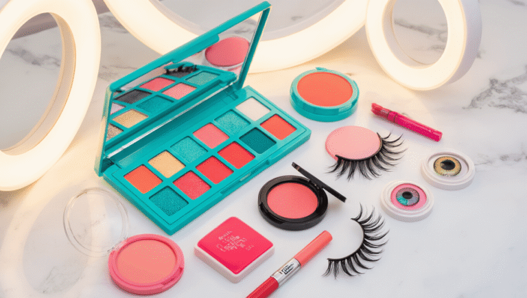 Bright vanity setup with turquoise eyeshadow palettes, coral blush, pink lip tints, and false eyelashes arranged on a clean marble surface, illuminated by soft ring lighting, creating an inviting atmosphere for anime-inspired makeup.