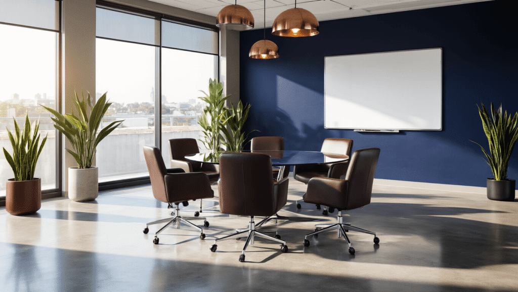 Sophisticated mini convention room featuring a round glass table surrounded by ergonomic charcoal chairs, navy accent wall, polished concrete floors, and warm lighting, creating a productive atmosphere.