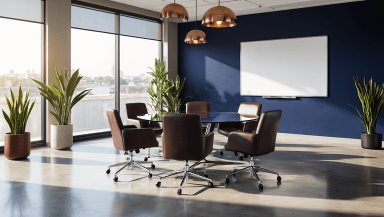 Sophisticated mini convention room featuring a round glass table surrounded by ergonomic charcoal chairs, navy accent wall, polished concrete floors, and warm lighting, creating a productive atmosphere.