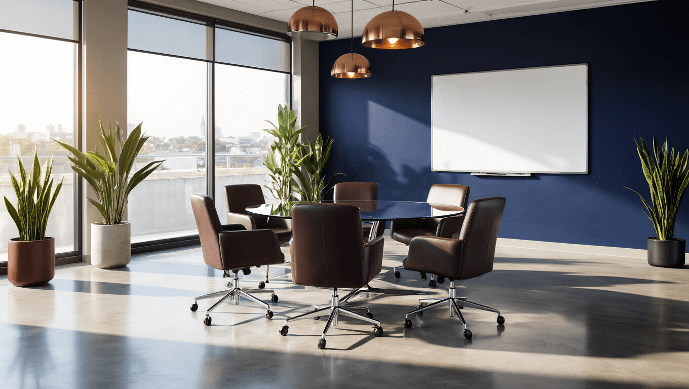 Sophisticated mini convention room featuring a round glass table surrounded by ergonomic charcoal chairs, navy accent wall, polished concrete floors, and warm lighting, creating a productive atmosphere.