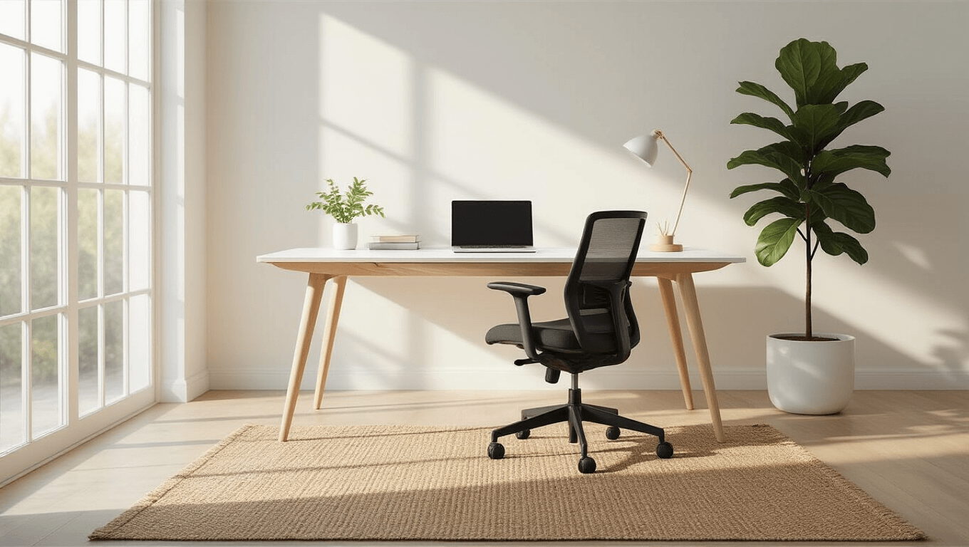 A serene minimalist home office setup featuring a white oak floating desk, black ergonomic chair, and fiddle leaf fig in a bright, warm-lit space with natural textures and carefully curated accessories.