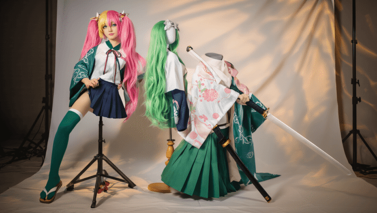 A vibrant anime cosplay setup featuring a pink and green split wig, a white shirt with a navy pleated skirt, a pastel haori jacket, emerald over-the-knee socks, zōri sandals, and a foam katana, all displayed against a clean white background with warm golden lighting.