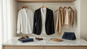 A bright walk-in closet featuring a white button-down shirt, black blazer, and dark wash denim on wooden hangers, with a marble island showcasing leather accessories and minimalist jewelry, all bathed in soft natural light.