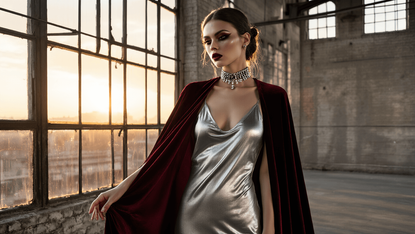 A model in a silver metallic slip dress and deep burgundy velvet cape poses elegantly by floor-to-ceiling windows in an industrial loft, with a crystal choker reflecting warm sunset light, creating a moody and cinematic atmosphere.