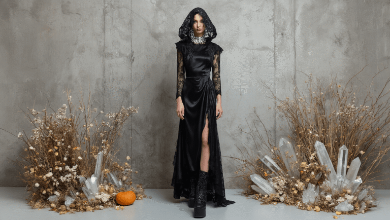 A modern witch in a flowing black silk dress and lace platform boots stands against a concrete wall, adorned with silver jewelry, surrounded by dried flowers and crystals, illuminated by dramatic lighting.