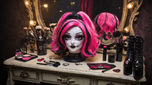 A vintage vanity setup with a pink and black Monster High wig on a stand, surrounded by gothic makeup accessories, dramatic false lashes, and vampire-themed items, all illuminated by warm ambient lighting in a moody atmosphere.