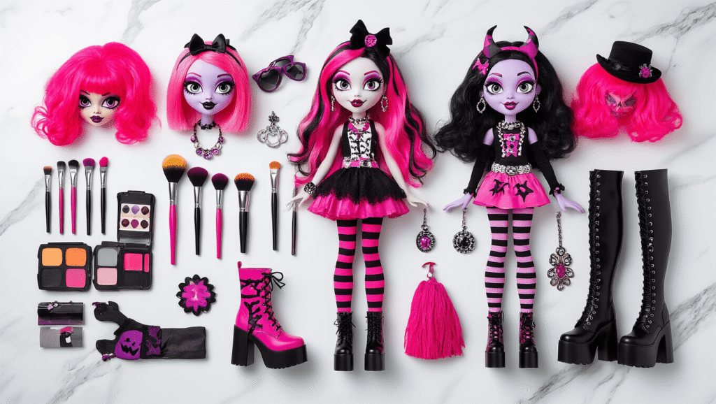 Flat lay of Monster High Halloween costume elements featuring hot pink and black accessories, colorful wigs, dramatic makeup brushes and palettes, statement jewelry, striped tights, and platform boots arranged on a white marble surface with soft natural lighting.
