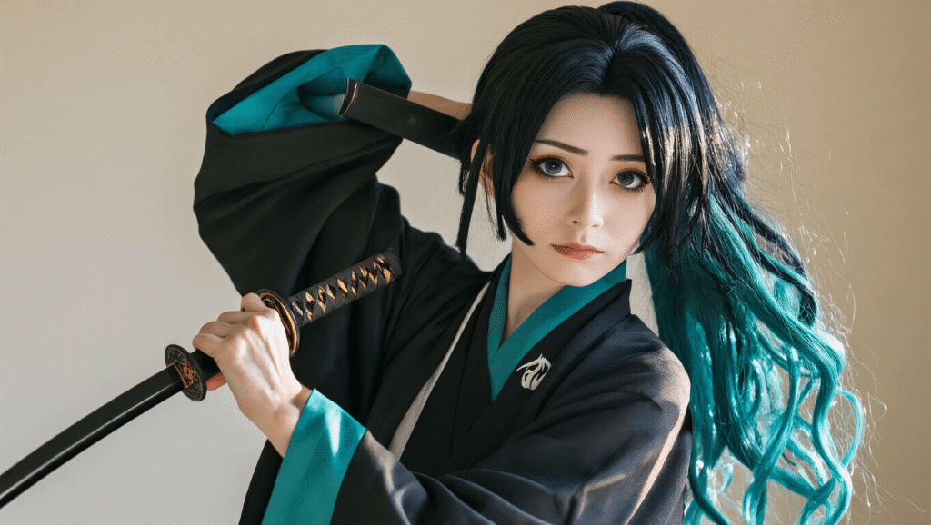 Muichiro Tokito Cosplay: Master the Mist Hashira's Ethereal Look Serene female cosplayer as Muichiro Tokito from Demon Slayer, wearing a flowing black haori with teal accents, styled with a black-to-turquoise ombre wig, holding a nichirin katana in soft golden hour lighting against a clean minimalist background.
