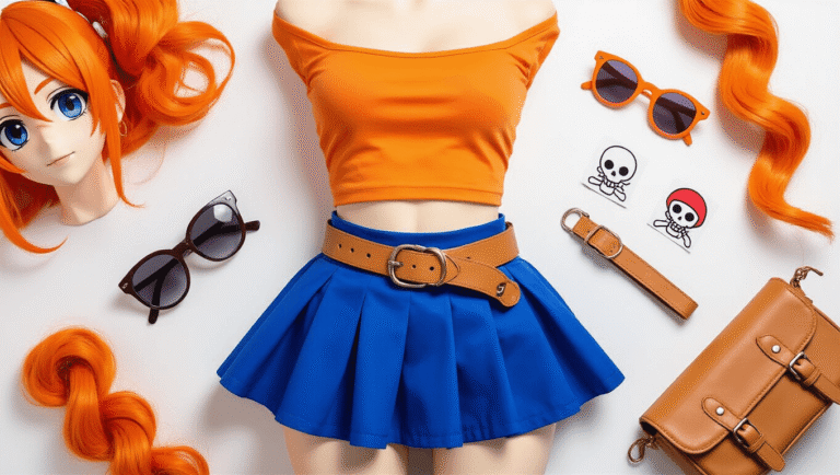 A vibrant Nami cosplay outfit featuring an orange crop top and blue mini skirt, accompanied by accessories like a tan leather belt, sunglasses, temporary tattoos, and orange wig strands, displayed on a clean white surface with warm studio lighting.