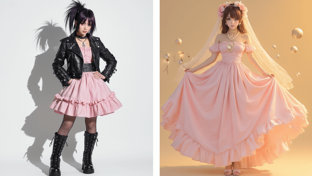 A split image of contrasting Nana anime cosplay styles: the left side features an edgy punk look with a black leather jacket, studded accessories, and chunky boots, while the right side showcases a soft feminine aesthetic with a pastel pink dress and delicate pearl jewelry, all on a clean white background.