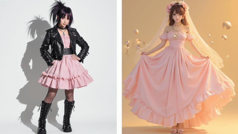 A split image of contrasting Nana anime cosplay styles: the left side features an edgy punk look with a black leather jacket, studded accessories, and chunky boots, while the right side showcases a soft feminine aesthetic with a pastel pink dress and delicate pearl jewelry, all on a clean white background.