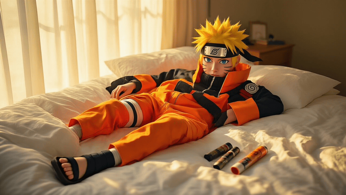 A cozy sunlit bedroom featuring Naruto cosplay essentials including a vibrant orange jumpsuit, metallic Leaf Village headband, spiky blonde wig, black sandals, kunai props, and face paint tubes, all arranged on clean white bedding under golden hour light.