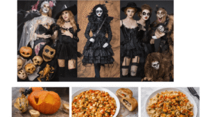 A collection of visually appealing Halloween costumes and fashion accessories displayed against a festive backdrop, showcasing vibrant colors and creative designs.