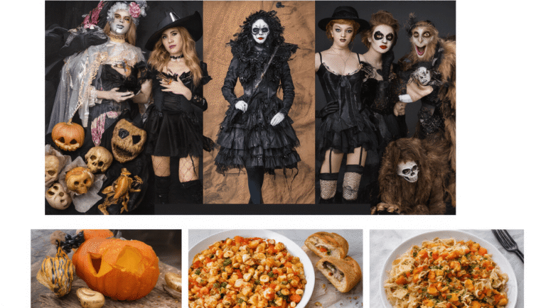 A collection of visually appealing Halloween costumes and fashion accessories displayed against a festive backdrop, showcasing vibrant colors and creative designs.