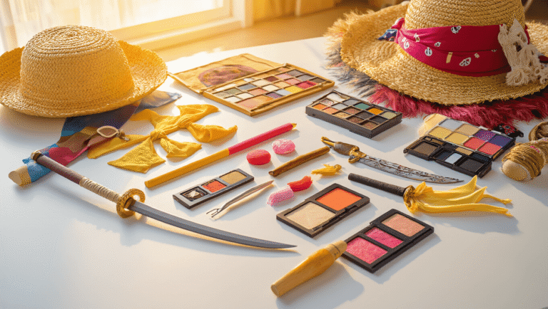 Colorful One Piece cosplay essentials arranged on a clean white surface, featuring Luffy's straw hat, vibrant wigs, pirate costumes, makeup palettes, and prop swords, all illuminated by warm golden hour lighting.