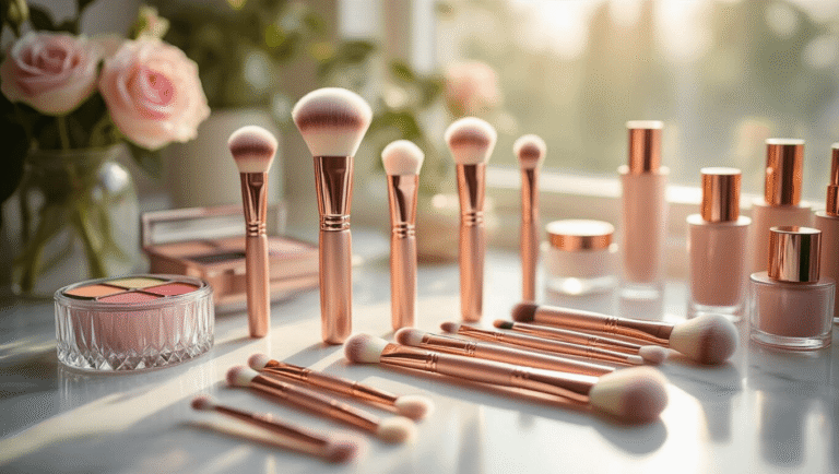 A cozy makeup studio with rose gold brushes on a white marble countertop, illuminated by soft morning light, featuring colorful makeup products in crystal containers, creating an ethereal atmosphere.