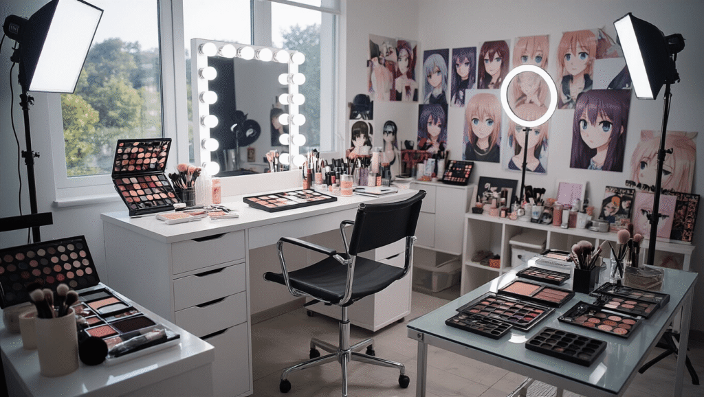 The Ultimate Guide to Cosplay Makeup: Transform Into Your Favorite Characters A bright and modern makeup studio with a professional makeup station, organized cosmetics, and anime character reference photos, illuminated by soft box and ring lights.