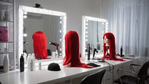 A vibrant red wig on a mannequin head in a modern cosplay styling workspace, surrounded by professional styling tools and illuminated by bright LED and natural light.