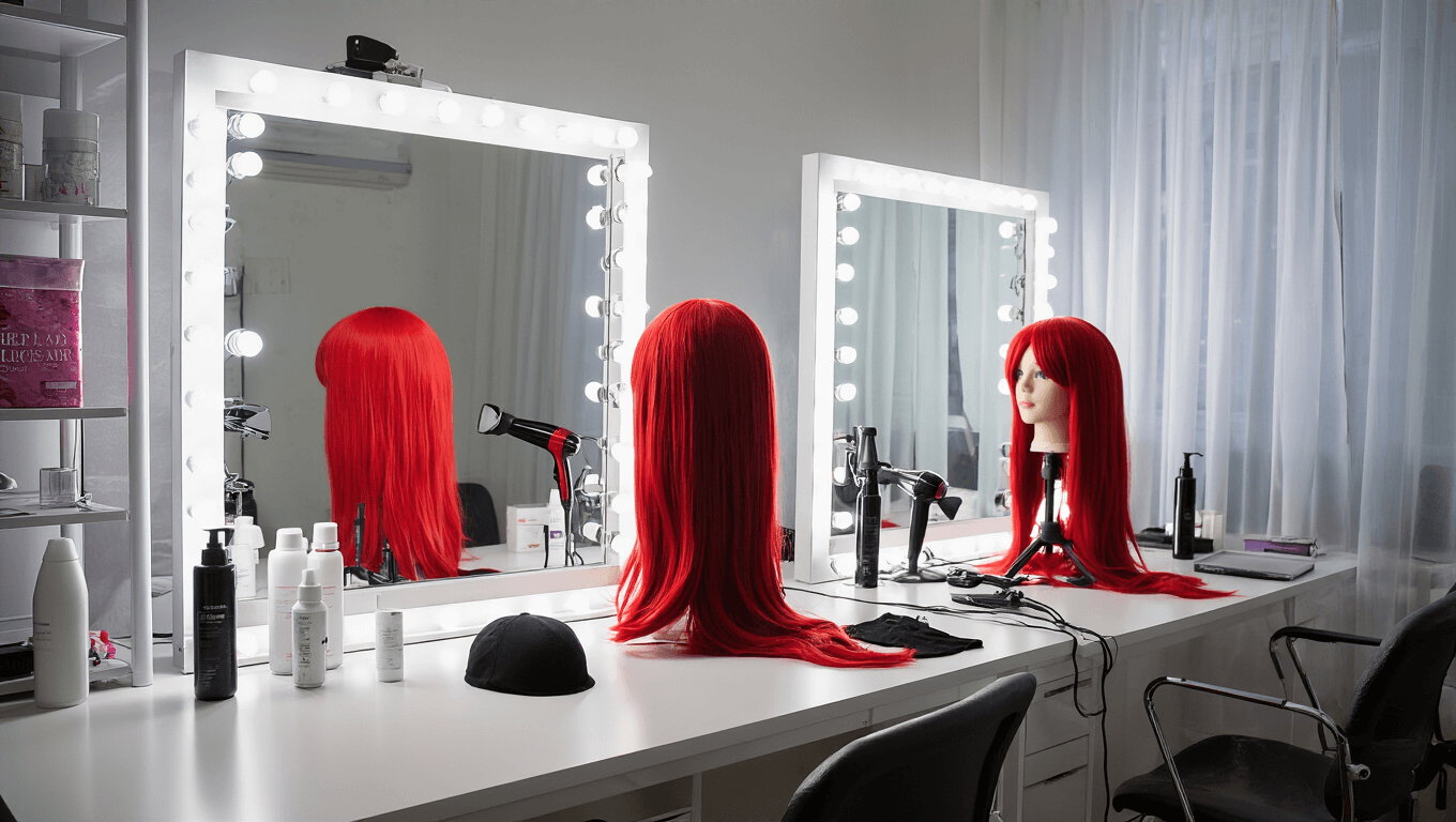 A vibrant red wig on a mannequin head in a modern cosplay styling workspace, surrounded by professional styling tools and illuminated by bright LED and natural light.