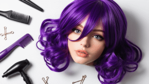 A vibrant purple cosplay wig with amethyst and lavender tones displayed on a white background, surrounded by styling tools like a curling iron, comb, and bobby pins, illuminated by soft natural lighting.