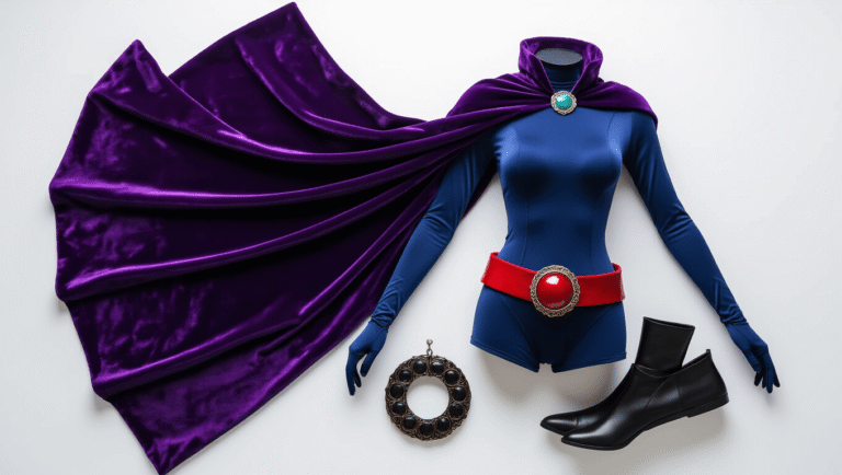 A complete Raven costume featuring a dark blue bodysuit, purple velvet cloak, red orbed belt, black boots, and chakra gem accessory, arranged on a clean white background with soft studio lighting highlighting textures and colors.