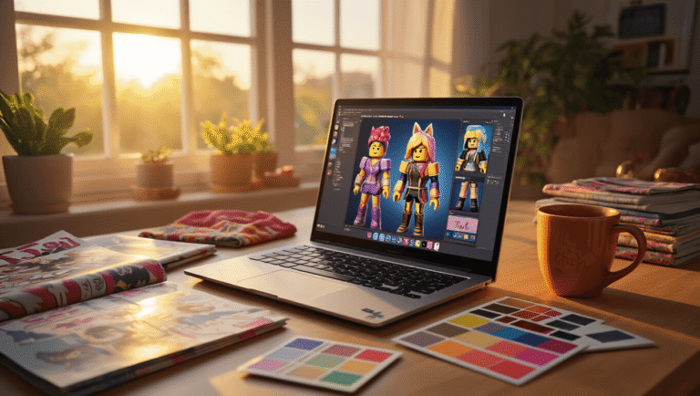 A cozy creative workspace featuring a glowing laptop with Roblox avatar customization, surrounded by fashion magazines, fabric swatches, and a color palette, complemented by a warm coffee mug, all illuminated by golden hour sunlight.