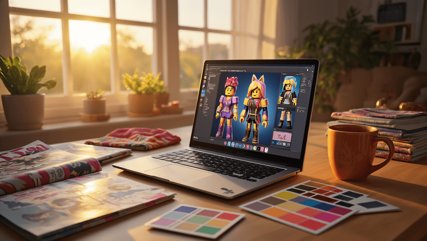 A cozy creative workspace featuring a glowing laptop with Roblox avatar customization, surrounded by fashion magazines, fabric swatches, and a color palette, complemented by a warm coffee mug, all illuminated by golden hour sunlight.