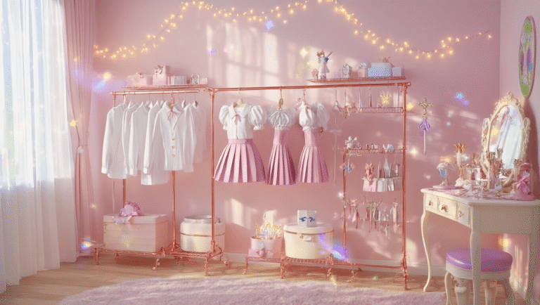 A bright bedroom showcasing an organized cosplay wardrobe with pastel clothing on rose gold racks, surrounded by soft pink walls, fairy lights, and natural sunlight. Vintage vanity displays accessories like ribbons and wands, creating a dreamy, warm atmosphere with sparkling accents.