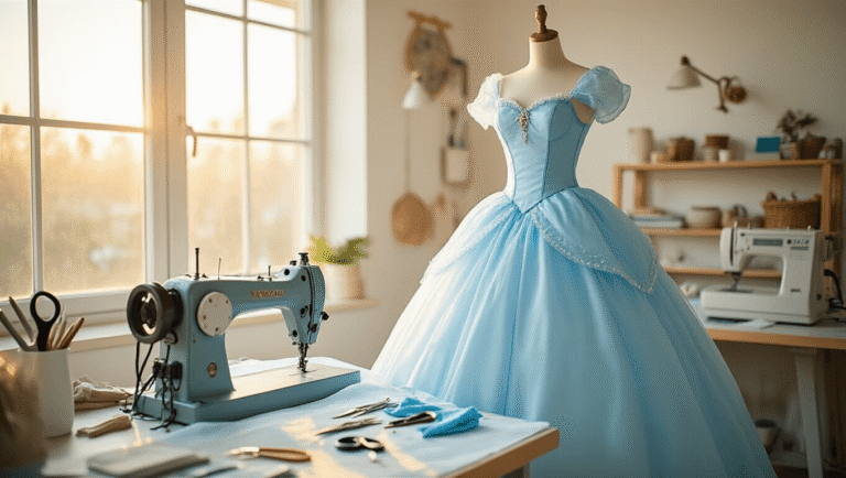 A bright photography studio at golden hour, showcasing an ice blue princess dress on a mannequin, surrounded by organized crafting supplies and illuminated by soft natural light.