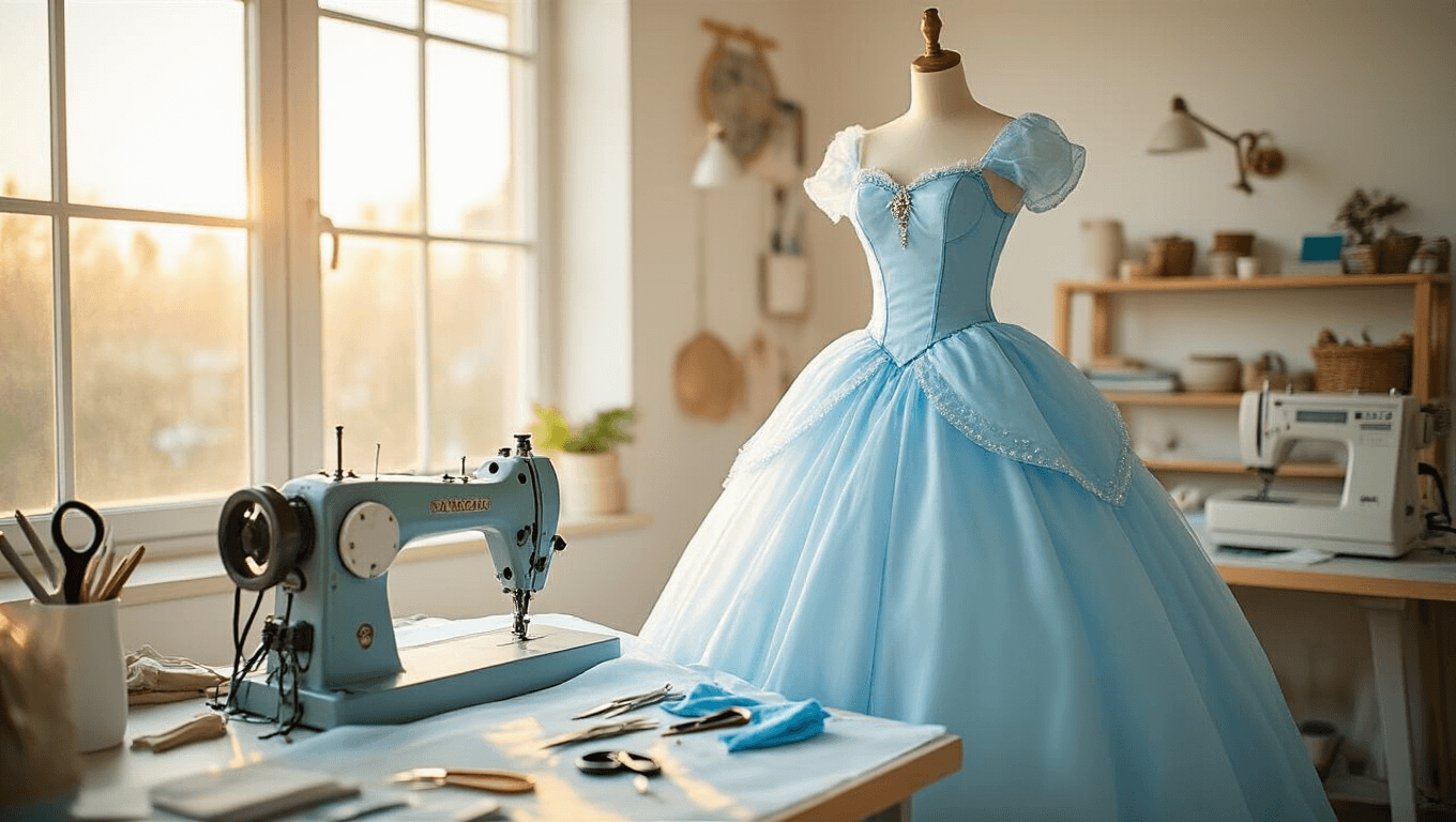 A bright photography studio at golden hour, showcasing an ice blue princess dress on a mannequin, surrounded by organized crafting supplies and illuminated by soft natural light.