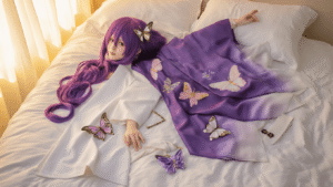 A flat lay of Shinobu Kocho cosplay elements on white bedding, showcasing a gradient purple wig, butterfly-embroidered haori, delicate butterfly hair pins, crisp white uniform pieces, and tabi socks, all illuminated by soft golden morning light.